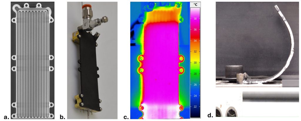 Fig. 12 a) CT-scan cross-section, and b) assembly of Shape Memory Alloy parallel channel oscillating heat pipe (OHP, 26 x 89 x 2 mm, N=20 1 mm diameter channels). c) Thermal image of OHP operating with a heated evaporator zone at the bottom, an adiabatic middle section, and a cooled condenser zone at the top. Transient temperature variations between neighbouring channels in the evaporator and condenser illustrate oscillatory flow. d) Side view of deformed OHP (top) and near complete shape recovery upon heating (bottom) (Courtesy of the authors/Penn State, supported by NASA SST programme)
