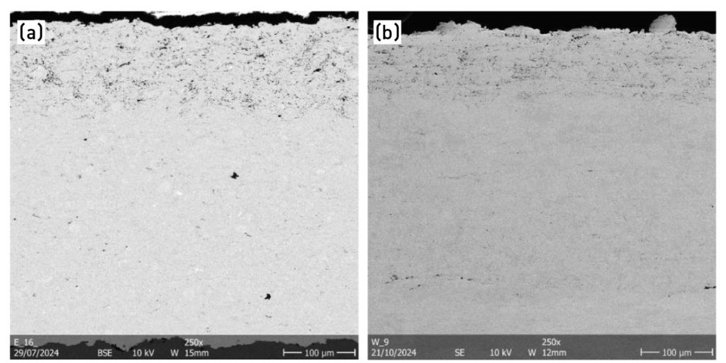Fig. 13 Cross-section of tungsten coatings showing porosity in the top 100 µm and the remaining 400 µm of the layer, with the substrate at the bottom of the image. (a) 500 µm coating on Eurofer steel; (b) 500 µm coating on tungsten [18]
