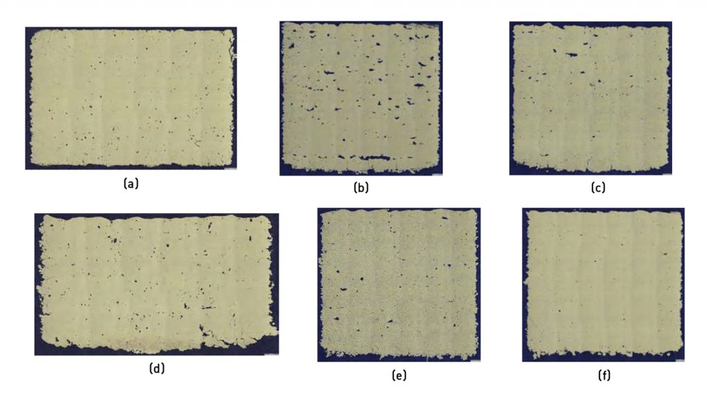 Fig. 15 Cross-sections of additively manufactured W-Re (top row, a-c: 4, 6 and 8 wt.% Re) and Mo-Re (bottom row, d-f: 4, 6 and 8 wt.% Re) samples [21, 22]
