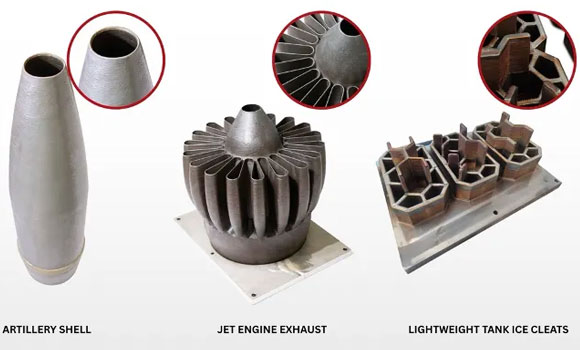 An atillery shell and lightweight tank ice cleats were additively manufacture live on the Meltio M600, while the jet engine exhaust was built on the Meltio Robot Cell Blue Laser (Courtesy Fastech) 