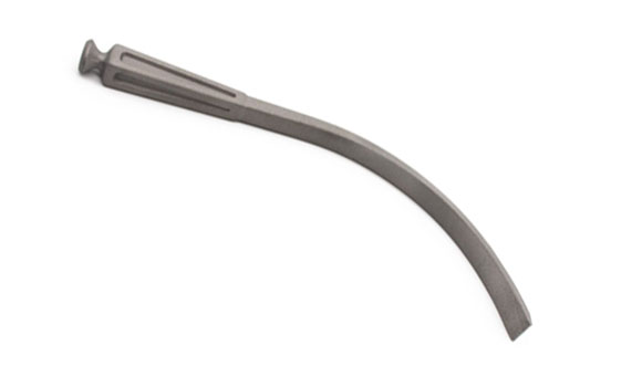 This curved chisel is used in orthopaedic surgery to cut, shape, or remove bone with high precision (Courtesy One Click Metal)