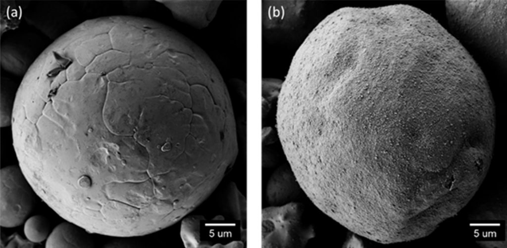 Fig. 4 SEM images of an (a) uncoated metal powder particle and (b) coated metal powder with nano Y2O3 particles [1]