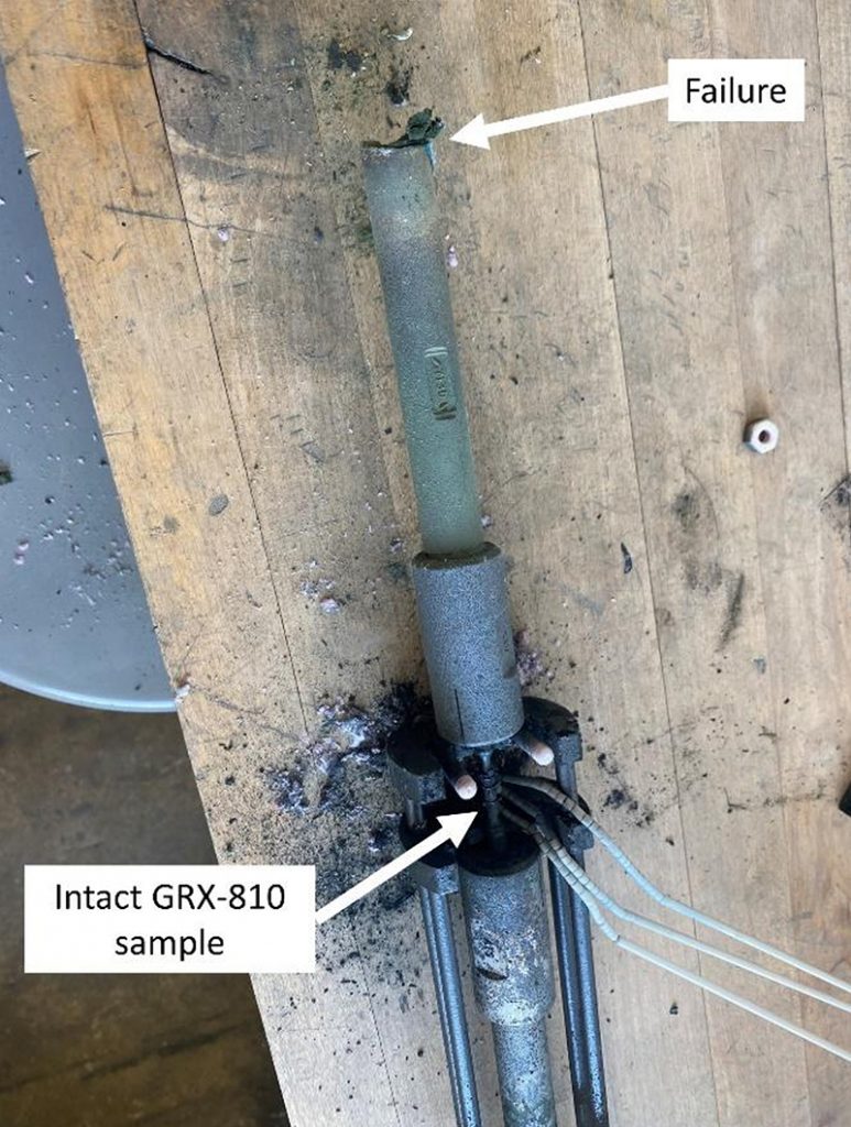 Fig. 7 Terminated GRX-810 creep test due to failed Alloy 713 load bar (Courtesy NASA)