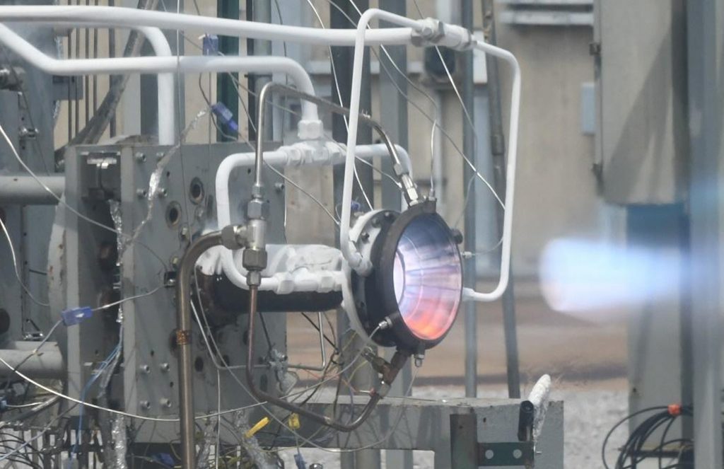Fig. 13 Liquid CH4/liquid O2 hot-fire test of GRX-810 injector and nozzle (Courtesy NASA)