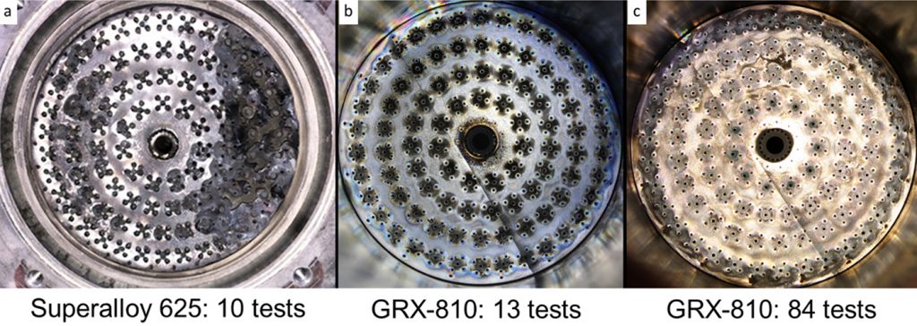 Fig. 14 LOX/CH4 hot-testing: (a) Inconel 625 injector after ten tests, (b) GRX-810 injector following thirteen tests, (c) GRX-810 injector following eighty-four tests (Courtesy NASA)