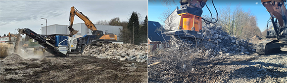 Concrete rubble processing at a recycling facility (left); steel scrap collection using a hydraulic magnet (right) (Courtesy Paul Kamrath Ingenieurrückbau GmbH)