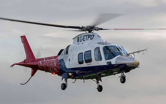 The QinetiQ-owned Agusta A109S helicopter during the maiden flight of an aircraft featuring a structural hinge produced by Additive Manufacturing from recycled titanium.