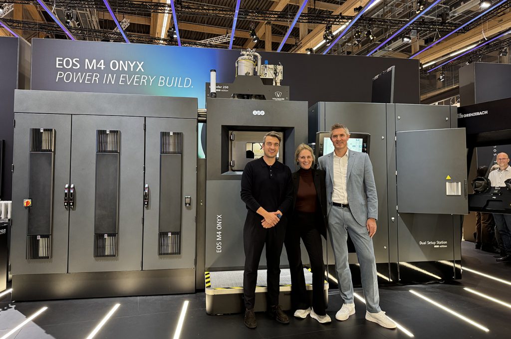 Fig. 3 From left to right: Sebastian Becker, Head of Product Management Metal Solutions, Marie Niehaus-Langer, CEO, Joachim Zettler, Chief Technology Officer (Courtesy EOS)