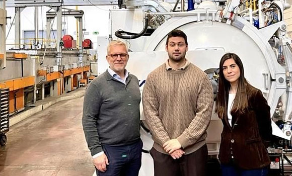 HP’s Alexandre Tartas, Global Head of Sales and GTM Metal 3D Printing (left) and Alejandra de la Hija, Applications Engineer 3D Metal Printing (right) with AMES’ Diego Torres, New Product Development Project Manager (centre) at the AMES facility (Courtesy Alejandra de la Hija)
