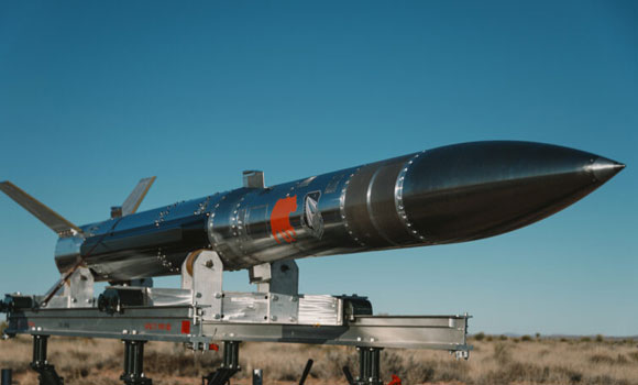 The AFRD sits staged for flight in late January. The missile was positioned on a specialised air log cart, used to transport and load the vehicle onto the Transportable Target Launcher (Courtesy Ryan Harty/US Army)