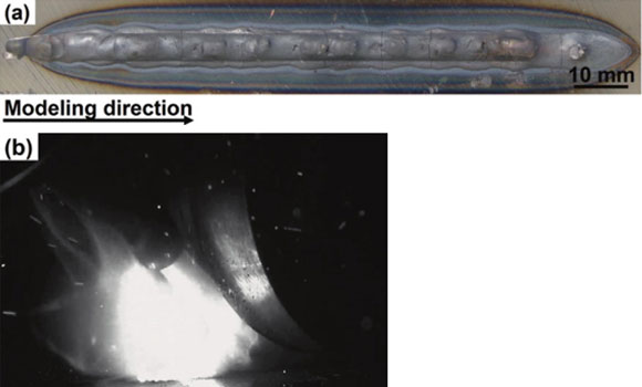 (a) Cemented carbide mold made with the laser‑leading method. (b) Image taken by a high-speed camera during molding with the laser‑leading method (Courtesy Keita Marumoto/Hiroshima University)