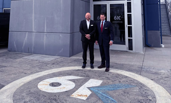 Congressman Guy Reschenthaler (right) and 6K Additive CEO Frank Roberts at 6K Additive headquarters (Courtesy 6K Additive)