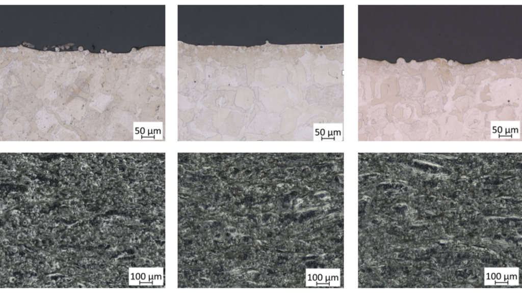 Fig. 11 Micrographs (top) and microscopic surface examinations (bottom) of the samples in the as-built condition and after blasting for 90 s and 180 s. Scale bars: 50 µm (top row) and 100 µm (bottom row) (Courtesy toolcraft)