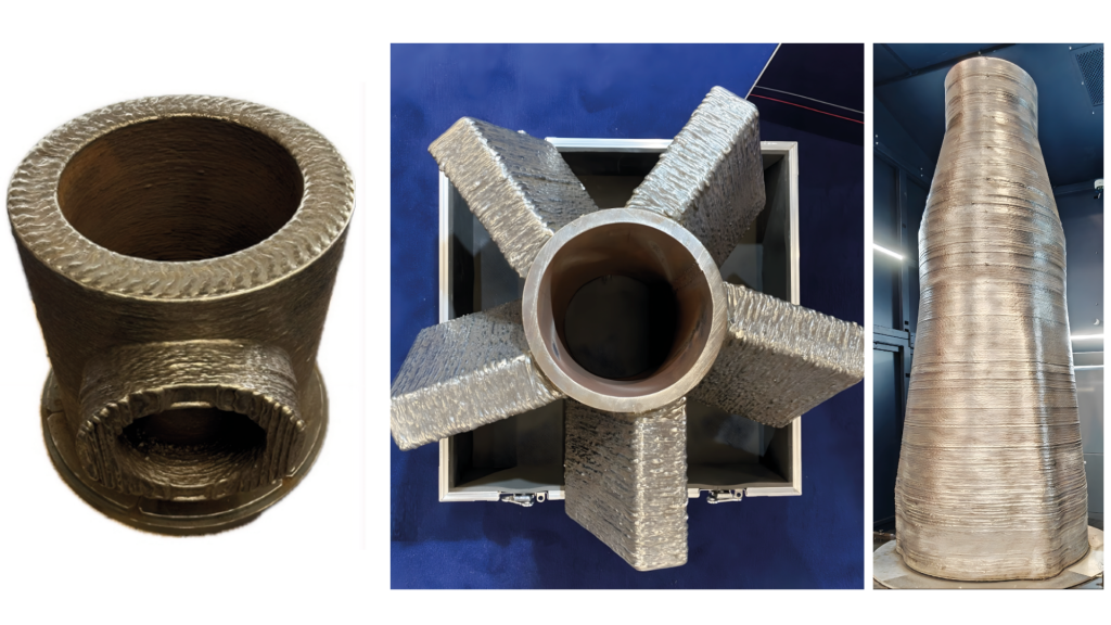 Fig. 17 Example parts built with the GMAX process. Left: T-Section oil & gas component with peak deposition rates of 15 kg/h, middle: 100 kg slurry agitator additively manufactured in 24 h, right: aluminium rocket body, 2 m tall with 6 mm wall width, additively manufactured at 2.3 kg/h (Courtesy WAAM3D)