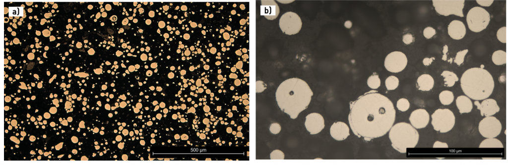 Fig. 3 Optical micrographs of Haynes® 282® powder cross-sections: (a) 15-45 µm fraction at 100x, showing spherical morphology typical of gas atomisation; (b) higher-magnification view at 200x, revealing isolated internal porosity within individual particles