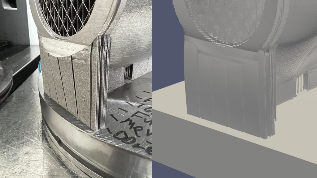 Fig. 7 An example heat exchanger shrink-line prediction from PanX (right) compared with the actual AM part (left). The simulation contained 41.5 million nodes and solves in 11.5 hours on a 48-core desktop machine (Courtesy PanOptimization)