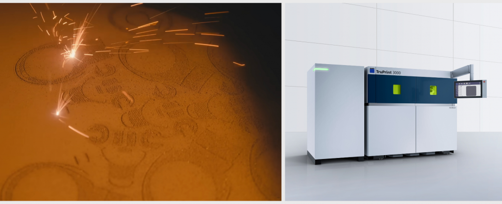 Fig. 7 Laser Beam Powder Bed Fusion (PBF-LB) uses a laser to selectively melt layers of metal powder according to a digital design (top). The Steelnovo nodes were produced by Additiva Srl on an ATLIX TruPrint 3000 PBF-LB machine (bottom)