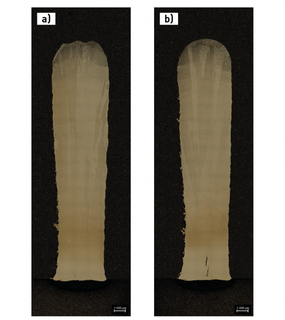Fig. 8 Metallographic cross-sections of single-track walls produced with the IG20 nozzle, demonstrating the impact of process parameters on structural integrity: a) optimised process parameters, defect-free wall; b) unoptimised process parameters resulting in longitudinal cracking