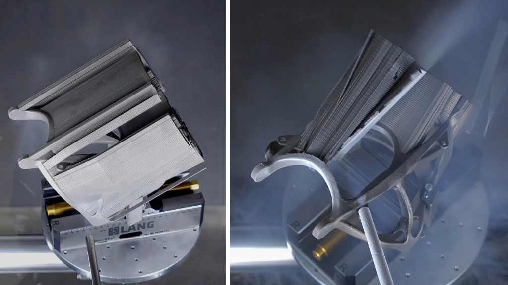 Fig. 8 & 9. Left: Initial state of the component to be processed with supports intact. Right: Removal of the support structures by dry-ice blasting (Courtesy toolcraft)
