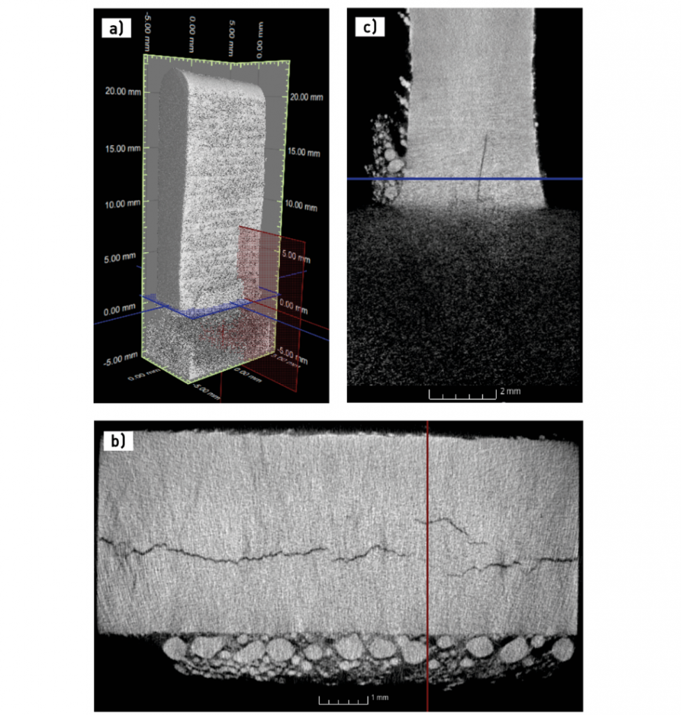 Fig. 9 Three-dimensional computed tomography reconstruction of the cracked wall: a) 3D visualisation illustrating the defined reference planes; b) blue plane section (perpendicular to the building direction) showing the longitudinal propagation; c) red plane section (parallel to the building direction) revealing the vertical extent of the defect