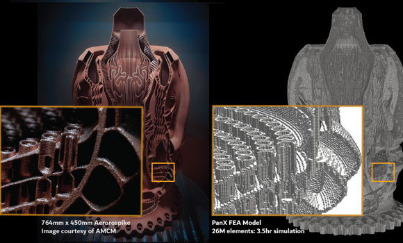 Aerospike – PanX full-part LPBF FEA mesh (right) can resolve the smallest part features, as well as the entire build volume: 26M elements / 57M nodes (Courtesy AMCM)