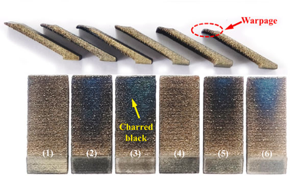 The overhang specimens were fabricated under increasing laser power values (350 - 450 W). When the laser power increased to 400 W and above, significant warpage deformation occurred on the top surface of the overhang specimen with apparent charred black generated, indicating that material vaporisation occurred under these high laser power conditions (Courtesy Avimetal/Journal of Materials Research and Technology)