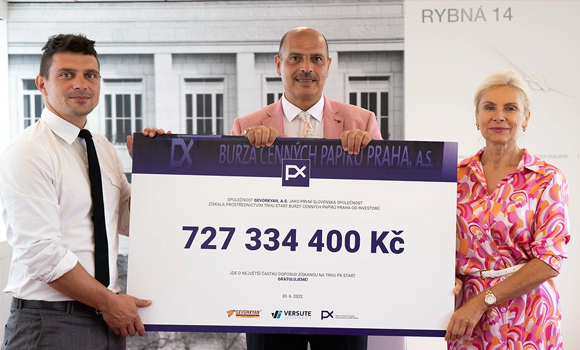 Gevorkyan a.s. was listed on the Prague Stock Exchange in 2022. Seen here is Artur Gevorkyan (centre) with his wife, Iryna Yeumianenka, and financial director Andrej Batovsky following the IPO (Courtesy Gevorkyan)