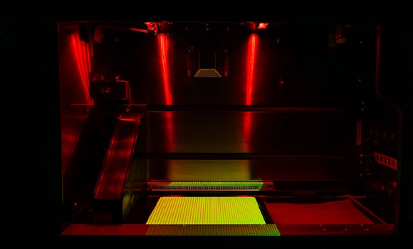 Fringe Inspection uses green structured light projection to measure the PBF-LB Additive Manufacturing process and identify anomalies (Courtesy Phase3D)