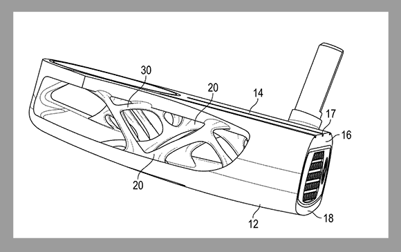 The patent illustrates an internal support structure within a putter head; Callaway identifies Binder Jetting as a preferred Additive Manufacturing route for producing such structures. (Courtesy USPTO/Callaway Golf Company)