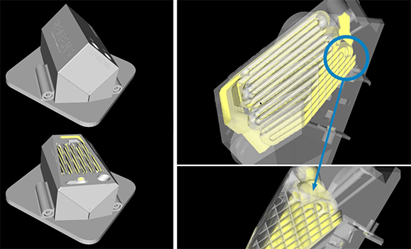SPR-Pathfinder PRO simulates the depowdering of the heat exchanger produced by Penn United Technologies on an EOS M 400-4, identifying potential powder bottlenecks (Courtesy Solukon)