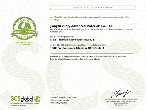 VMP’s SCS Recycled Content Certification verifies 100% pre-consumer recycled content for its Ti6Al4V-R powder (Courtesy SCS Global Services)