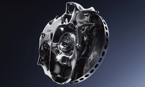 Czinger’s BrakeNode integrates the suspension upright, brake calliper and internal hydraulic fluid passages into a single additively manufactured structure (Courtesy Czinger Vehicles)