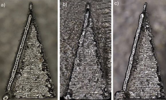 The upper surfaces of three samples show: a) lambda = 50, eta = 50; b) lambda = 125 with no eta; and c) Bayesian optimisation (Courtesy ETH Zurich/ResearchGate)