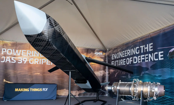 The public display at The Armed Forces Air Venture 2026 included a full-scale UAV mock-up together with the dedicated turbojet engine being developed as part of the programme (Courtesy GKN Aerospace)