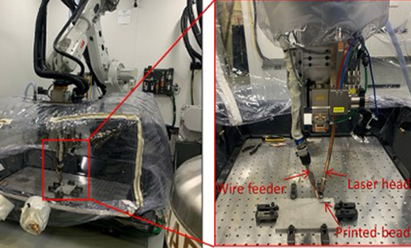 Laser-wire direct energy deposition setup used to manufacture all learning and testing samples. The laser head is mounted on an industrial robot (Courtesy ResearchGate)