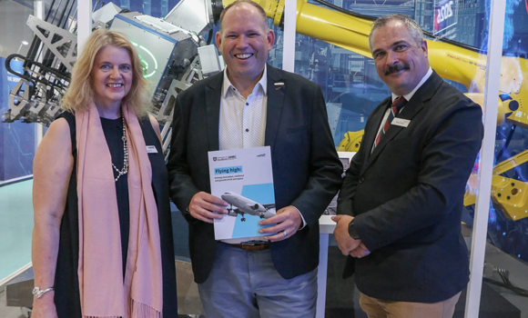 Matthew Farnsworth, commercial director at the University of Sheffield AMRC (centre); Katherine Bennett, CEO of the High Value Manufacturing Catapult (left); and Richard Coates, head of government relations at the Aerospace Technology Institute (right) (Courtesy University of Sheffield)