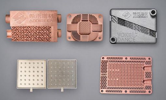 Thermal management components produced in pure copper, aluminium alloys, and 316L stainless steel (Courtesy Addireen)