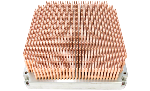 Full-build-plate production layout of approximately 400 pure-copper optical transceiver heat sinks (Courtesy Addireen)