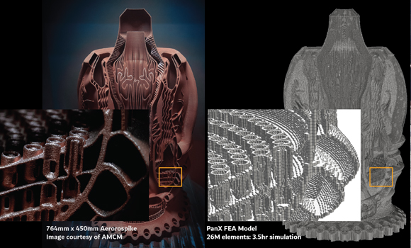 Aerospike component additively manufactured by AMCM (left) and corresponding PanX finite element model (right) (Courtesy AMCM)