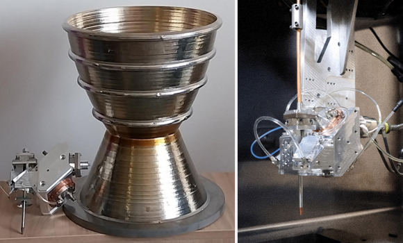 Cailabs’ CANUNDA-DED head with a 17 kg titanium rocket nozzle produced using the process (left), and installed in a deposition chamber for wire-based DED processing (right) (Courtesy Cailabs)