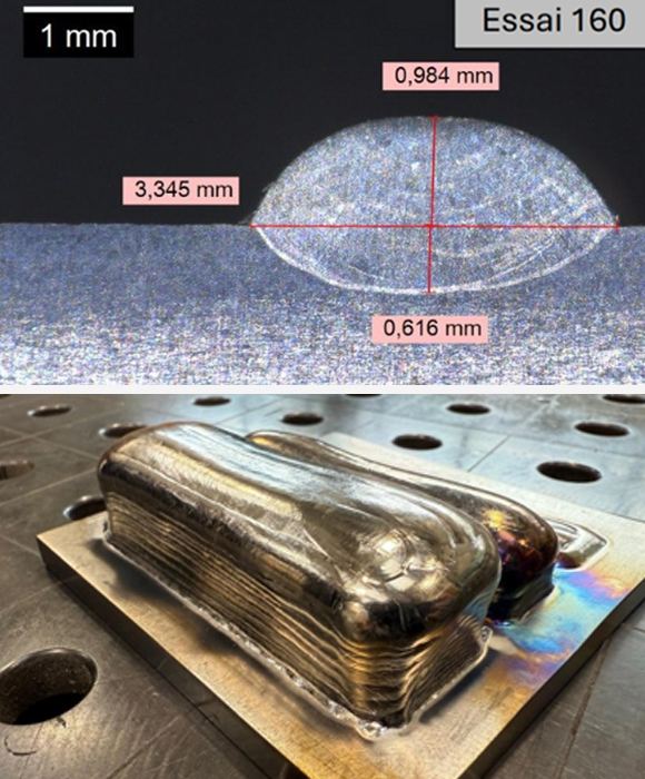 CANUNDA-DED application tests with 3kW laser power and a speed of 0.9m/min led to a deposition rate of 1kg/hour of Stainless steel 316L (top), and a titanium test build produced at a travel speed of 0.6 m/min (bottom) (Courtesy Cailabs)