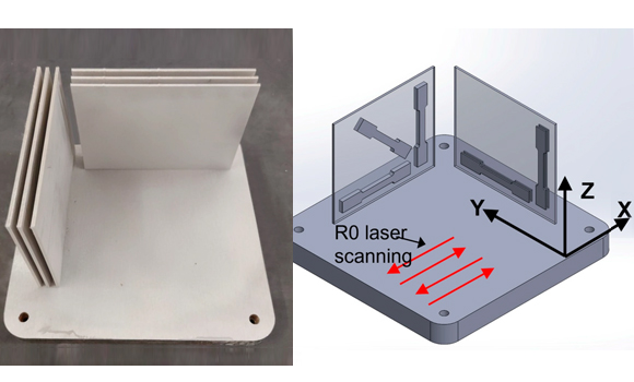 PBF-LB fabrication setup and experimental conditions: (left) As-built IN718 plates; (right) bBuilding orientation, laser scanning direction (R0), specimen orientation, and reference coordinate system (Courtesy Journal of Manufacturing and Materials Processing)