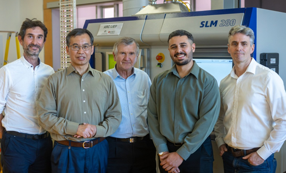Professor Andrey Molotnikov, Distinguished Professor Ma Qian, Distinguished Professor Milan Brandt, Dr Jordan Noronha and Professor Martin Leary at RMIT's Centre for Additive Manufacturing (Courtesy Sara Tan, RMIT University)