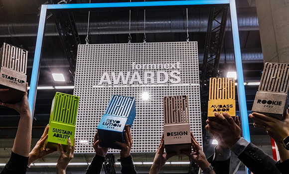 The six Formnext Awards categories, represented by trophies from the 2025 event. Winners of the 2026 awards will be announced on 19 November. (Courtesy Mesago Messe Frankfurt GmbH / Marc Jacquemin)