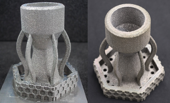 The tungsten rocket nozzle before and after removal from the build plate (Courtesy Wayland Additive)