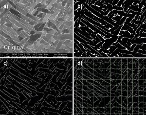 Fig. 7 Process of measuring the α-plate spacing from an original SEM image (a), to threshold image distinguishing α and β phases (b), edged image to outline phase boundaries (c) and use of linear intercept method to determine α-plate spacing (d) [1]