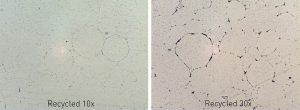 Fig. 17 Metallographic comparison of F75 at 10x and 30x recycled powder [3]
