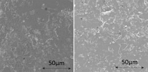 Fig. 14 As-deposited micrographs of the sample using a normal scan strategy (left), and using additional volume exposure (right) showing rare-earth enriched phases [3]