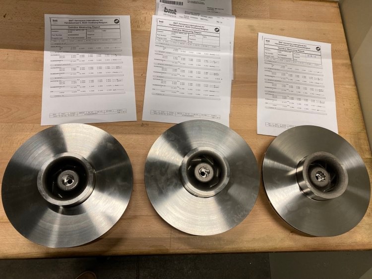 Fig. 1 Finished impellers manufactured by PBF-EB, one of several metal AM technologies evaluated in Phase II (Courtesy Eureka)