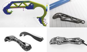 Fig. 3 Crowdsourced AM bottle opener designs. Top left courtesy Brockton Sterling, Big Metal Additive; top right, photo courtesy Gael Guetard; bottom left, a 3D Systems structurally optimised Ti bottle opener (9.5 g) vs. an extruded and water jet cut bottler opener (25.35 g), photo courtesy Christian Tello; bottom right, photo courtesy Deniz Ince